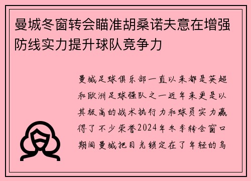 曼城冬窗转会瞄准胡桑诺夫意在增强防线实力提升球队竞争力