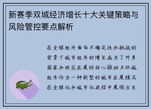 新赛季双城经济增长十大关键策略与风险管控要点解析