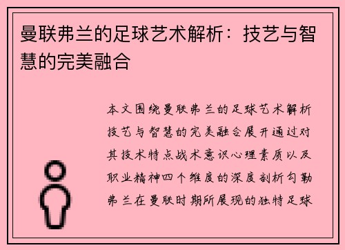曼联弗兰的足球艺术解析：技艺与智慧的完美融合