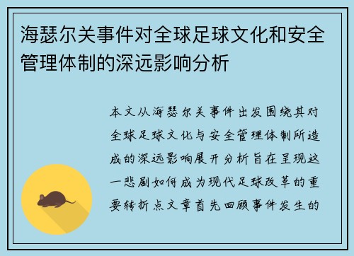 海瑟尔关事件对全球足球文化和安全管理体制的深远影响分析 海瑟尔关事件对全球足球文化和安全管理体制的深远影响分析