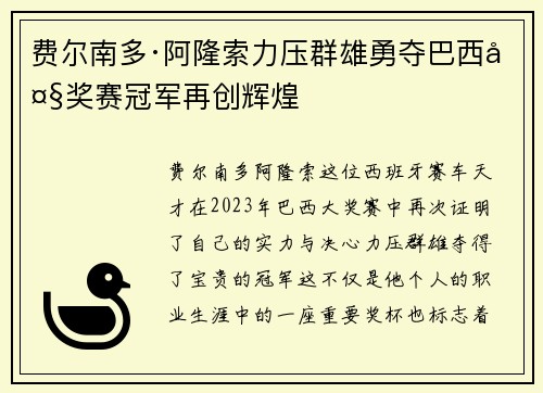 费尔南多·阿隆索力压群雄勇夺巴西大奖赛冠军再创辉煌