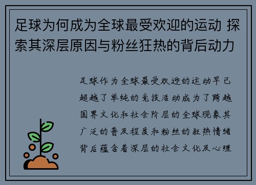 足球为何成为全球最受欢迎的运动 探索其深层原因与粉丝狂热的背后动力
